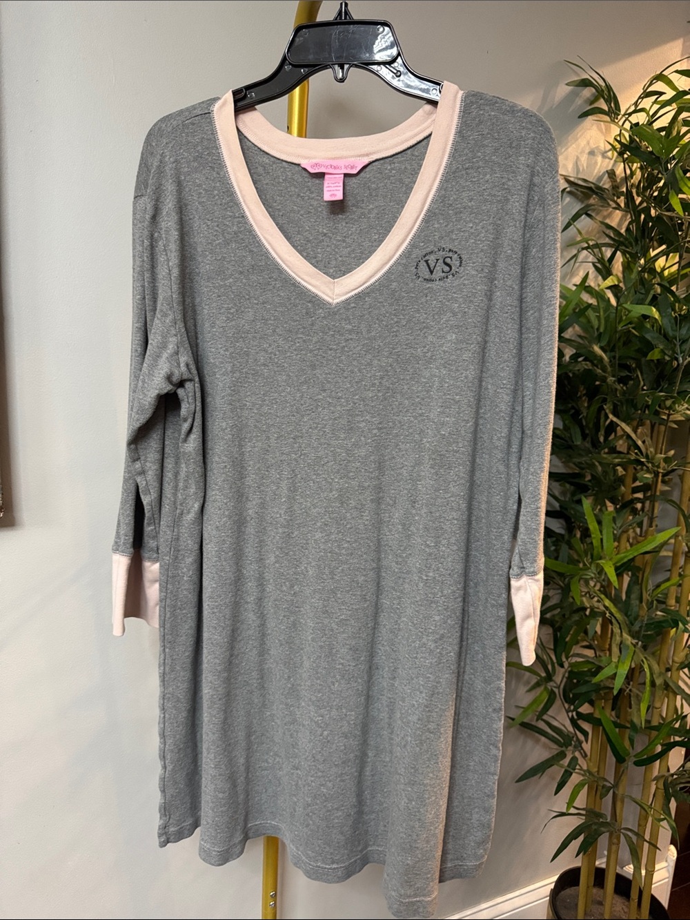 Victoria's Secret pure cotton Gray Nightshirt with Pink Trim V-Neck